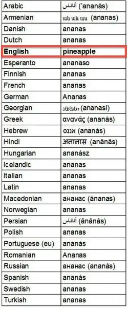 the fruit that is ananas in many languages is pineapple in English only