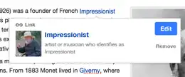 A user highlights a word and clicks the link icon in the toolbar. This inspector pops up in context. The page that matches is shown with a lead image thumbnail, and could include the wikidata description. A user can edit or remove the link.