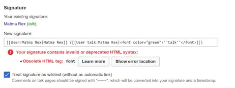Error shown when the new user signature is invalid (has a lint error).