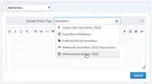 Step 2: Type in the box to search existing tags, and select the "Wikimedia-Hackathon-2023" tag. Save the changes by pressing the Submit button.